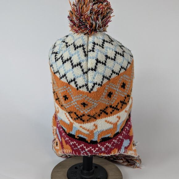 Winter Teen Chullo Hat Sweater Print Reindeer Deer Orange Plaid Red Blue Winter - Picture 2 of 7